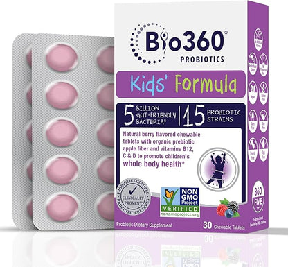 Kids Probiotic Supplement, Daily Support for Kid's Gut, Immune, Brain & Whole Body Health, 15 Strains 5 Billion CFU, Organic Prebiotic Apple Fiber, 30 Chewable Mixed Berry Flavor