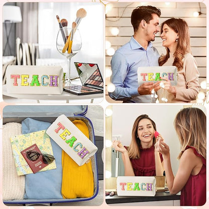CY2SIDE Colorful TEACH Letter Patch Makeup Bag Shell Gold PU Leather Patch Cosmetic Bag with TEACH Chenille Letter for Travel Waterproof Portable Zipper Travel Organizer for Teacher Appreciation Gifts