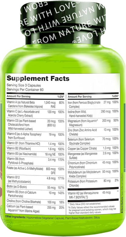 NATURELO Prenatal Multivitamin with Gentle Chelated Iron, Methyl Folate, Plant Calcium & Choline - Vegan, Vegetarian - Non-GMO - Gluten Free - 360 Capsules - 4 Month Supply
