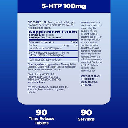 Natrol 5-HTP 100mg, Dietary Supplement Helps Support a Balanced Mood, Mood and Stress Support Supplement, 90 Time Release Tablets, 45-90 Day Supply