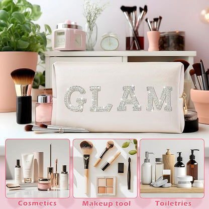 CY2SIDE Glam Letter Makeup Bag - White GLAM Pearl Rhinestone Letter Patch Cosmetic Pouch Shell Gold PU Leather Patch Big Bag Waterproof Portable Zipper Travel Organizer for Wedding Bride Birthday Gift