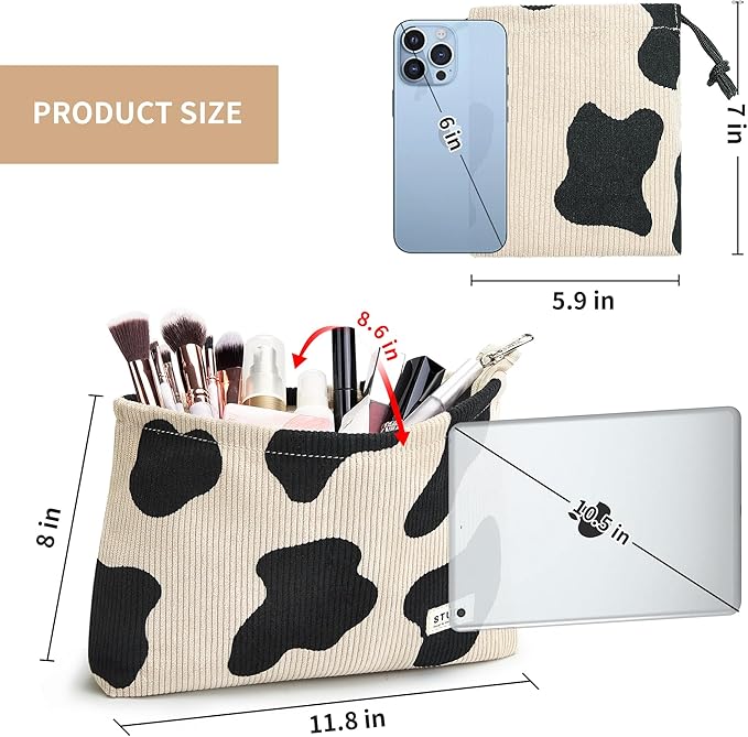 WLLWOO Makeup Bag-2pcs Cow Corduroy Cosmetic Bag Zipper Interior Waterproof Pencil Case Coin Purse Travel Toiletry Small Makeup Pouch For Women