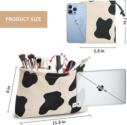 WLLWOO Makeup Bag-2pcs Cow Corduroy Cosmetic Bag Zipper Interior Waterproof Pencil Case Coin Purse Travel Toiletry Small Makeup Pouch For Women