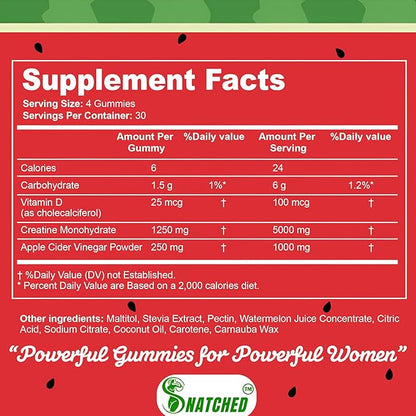 World's First Creatine Monohydrate + Keto ACV Booty Gummies Supplement for Women - 5000mg Creatine plus 1000mg ACV - Glute Builder, Waist Slimmer, Gym Essentials Women, Sugar Free (120 Ct Watermelon)