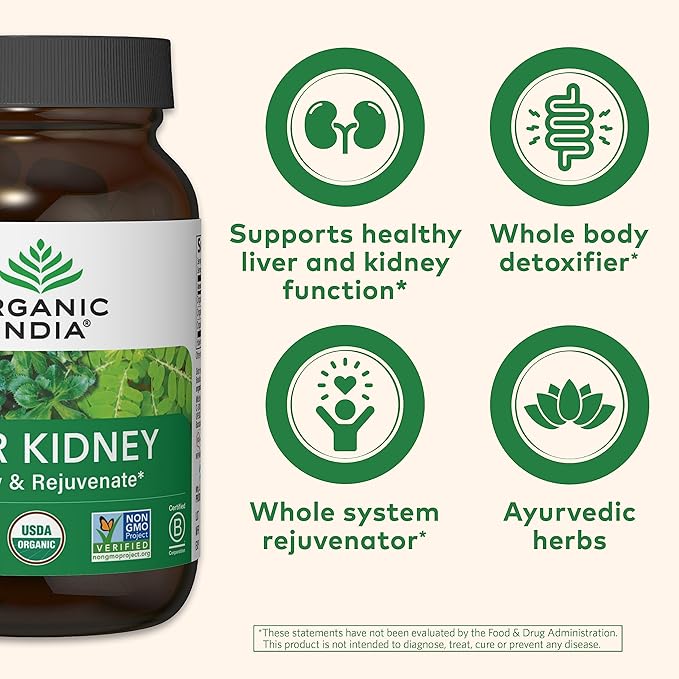 Organic India Liver and Kidney Cleanse Detox Repair - Herbal Supplement - Detoxify & Rejuvenate, Supports Healthy Liver & Kidney Function, Vegan, USDA Certified Organic, Non-GMO - 90 Capsules
