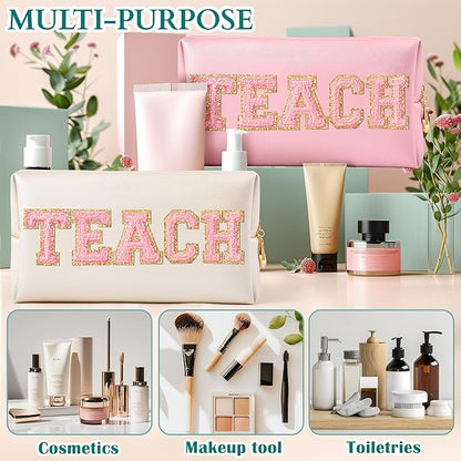 CY2SIDE TEACH Letter Makeup Bag - Pink TEACH Chenille Letter Patch Cosmetic Bag Shell Gold PU Leather Patch Travel Pouch Waterproof Portable Zipper Travel Organizer Case for Teacher Appreciation Gifts