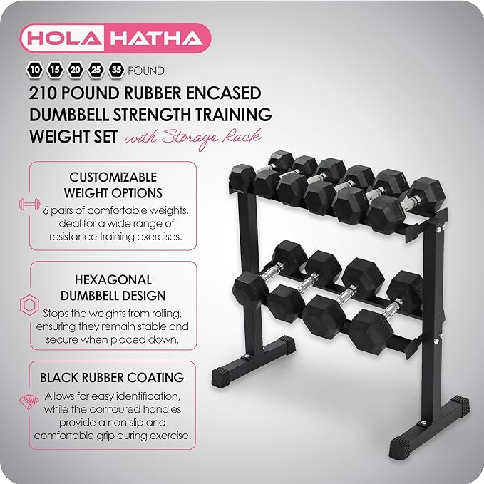 HolaHatha 10, 15, 20, 25, and 35 Pound Rubber Encased Hexagon Non Slip Dumbbell Weight Set with Rack for Various Strength Training Workouts, Black