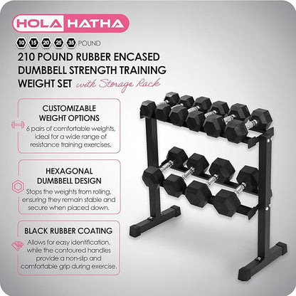 HolaHatha 10, 15, 20, 25, and 35 Pound Rubber Encased Hexagon Non Slip Dumbbell Weight Set with Rack for Various Strength Training Workouts, Black
