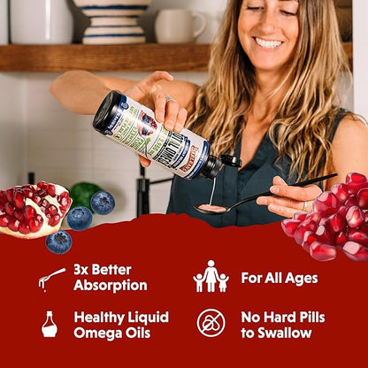 Barlean's Liquid Flaxseed, Borage & Algae Oils Omega 3 Supplement, Pomegranate Blueberry Flavor, Vegan EPA & DHA from Algal Oil, Flax Oil and Borage Seed Oil with 3,980 mg of Omega-3-6-9, 16 oz