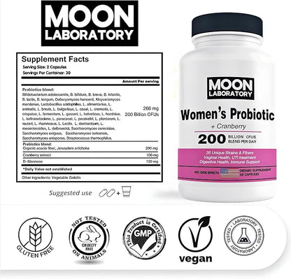Premium Women's Probiotic, Prebiotic + Cranberry, 200 Billion CFUs, 35 Unique Strains & Fibers. PH Balance, Digestive, UTI & Overall Feminin Health. 60 Capsules.