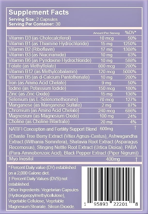 Conception Fertility Prenatal Vitamins Regulate Cycles, Balance Hormones, Aid Ovulation. Conception Multivitamin for Women. Healthier Pregnancy -60 Capsules- Folic Acid, Myo Inositol, Vitex.