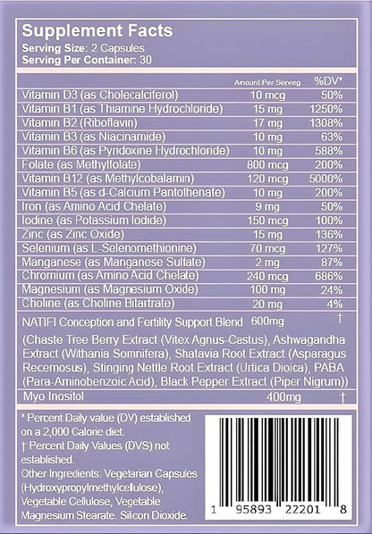 Conception Fertility Prenatal Vitamins Regulate Cycles, Balance Hormones, Aid Ovulation. Conception Multivitamin for Women. Healthier Pregnancy -60 Capsules- Folic Acid, Myo Inositol, Vitex.