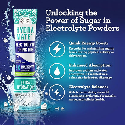 GuruNanda Hydramate Hydration Support Drink Mix - Electrolyte Powder Packets for Dehydration, Exercise & Energy - No Added Sweeteners, Non-GMO, Natural Lemon Lime Flavor - 24 Count (0.56 oz Each)