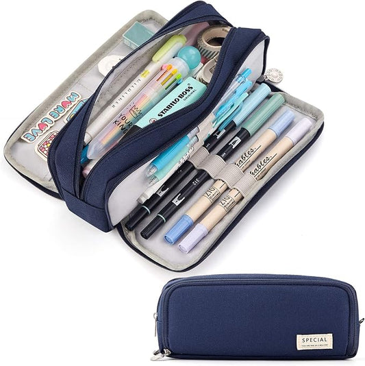 CICIMELON Large Capacity Pencil Case 3 Compartment Pouch Pen Bag for School Teen Girl Boy Men Women (Navy)