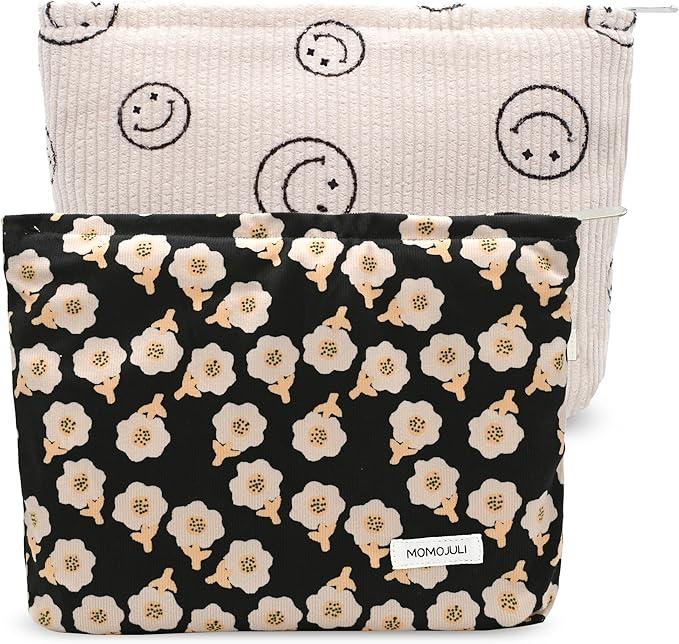 Corduroy Makeup Bag Cosmestic Bag Large Capacity Ladies Women Aesthetic Make Up Organizer Accessories Zipper Pouch Purse （Beige+Black Flowers）