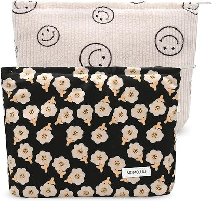 Corduroy Makeup Bag Cosmestic Bag Large Capacity Ladies Women Aesthetic Make Up Organizer Accessories Zipper Pouch Purse （Beige+Black Flowers）