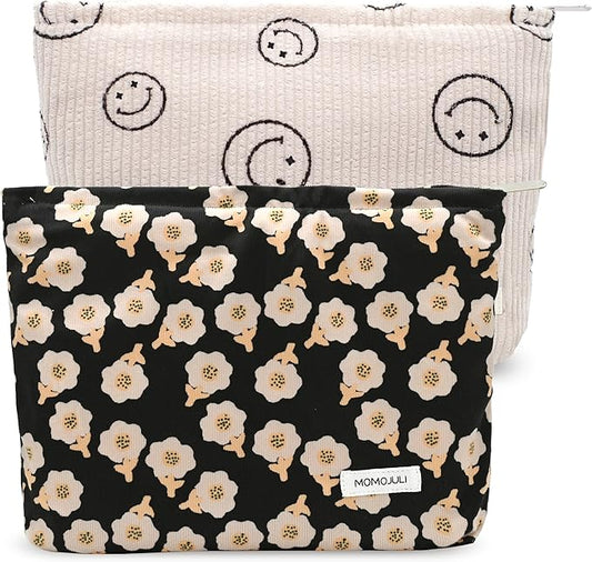 Corduroy Makeup Bag Cosmestic Bag Large Capacity Ladies Women Aesthetic Make Up Organizer Accessories Zipper Pouch Purse （Beige+Black Flowers）