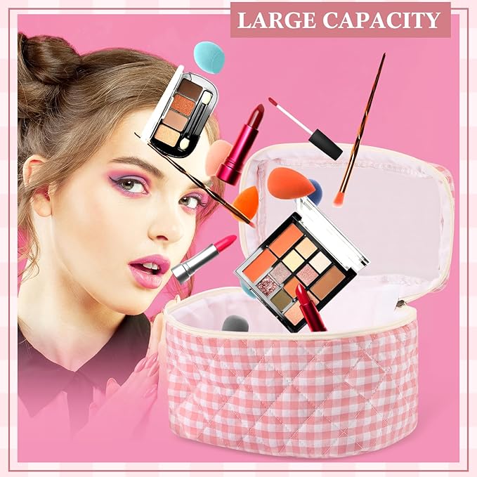 Paterr 3 Pieces Cotton Quilted Makeup Bag Set Coquette Cosmetic Bag Aesthetic Travel Toiletry pouch Cute Pouch Kawaii Aesthetic for Women(Pink,Pink Plaid)