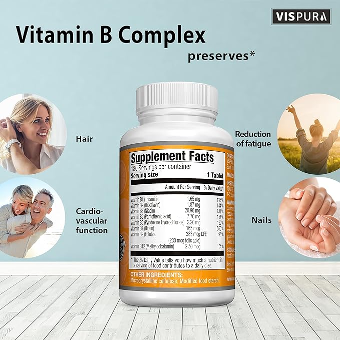 Vitamin B-Complex, 180 Vegan Tablets, All B Vitamins Including B12, B1, B2, B3, B5, B6, B7, B9, Folic Acid, for Stress, Energy and Healthy Immune System*, Natural Supplement Without Additives