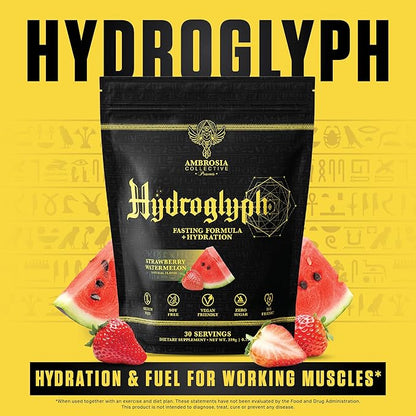 Ambrosia Hydroglyph Intraworkout Formula w/BCAA + EAA + Electrolytes Hydration Powder to Protect Lean Muscle, 0g Sugar Fasting Hydration Drink Mix, Made w/Coconut Water (Strawberry Watermelon)