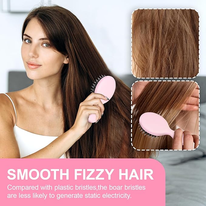 Mini Boar Bristles Hair Bursh, Travel Size Hair Brush for Women Men Kids, Protable Small Hair Brush for Pockets Purses, Mini Detangler Brush for Smooth Add Shine (1 Pack-Pink)