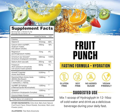 Ambrosia Hydroglyph Intraworkout Formula w/BCAA + EAA + Electrolytes Hydration Powder to Protect Lean Muscle, 0g Sugar Fasting Hydration Drink Mix, Made w/Coconut Water (Fruit Punch)
