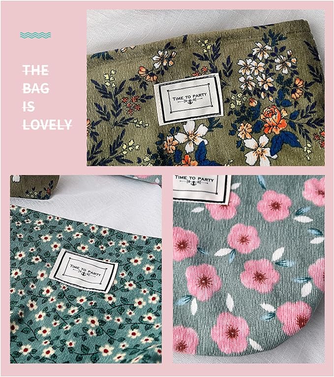 Flower Fabric Makeup Bag for Purse, Vintage Corduroy Cosmetic Pouch Bag, Portable Travel Handbag for Women Girls (Cherry)