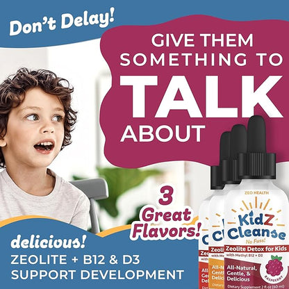 Kidz Cleanse | Zeolite Detox for Kids | Development, Behavior, Energy and Gut Health Support Supplement | Easy to Take, Pure Liquid Zeolite Drops + Methyl B12 + D3 (Orange Flavor) - 2oz