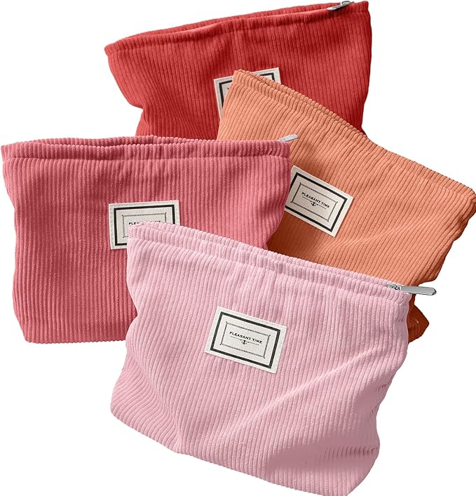 Sanwuta 4 Pack Velvet Makeup Bag Cosmetic Bag for Women Large Capacity Corduroy Pouch Zipper Canvas Travel Toiletry Purse Make up Organizer Case Accessories(Red Series,Plaid)