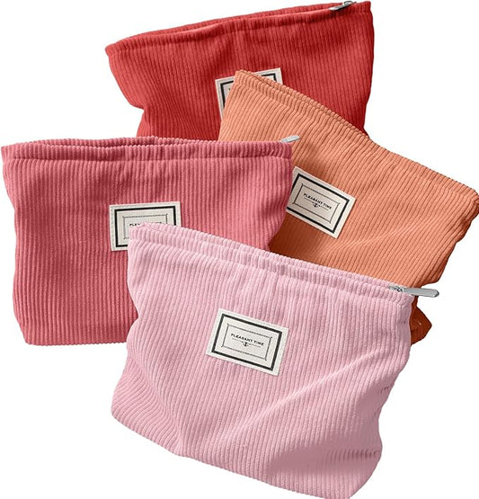 Sanwuta 4 Pack Velvet Makeup Bag Cosmetic Bag for Women Large Capacity Corduroy Pouch Zipper Canvas Travel Toiletry Purse Make up Organizer Case Accessories(Red Series,Plaid)