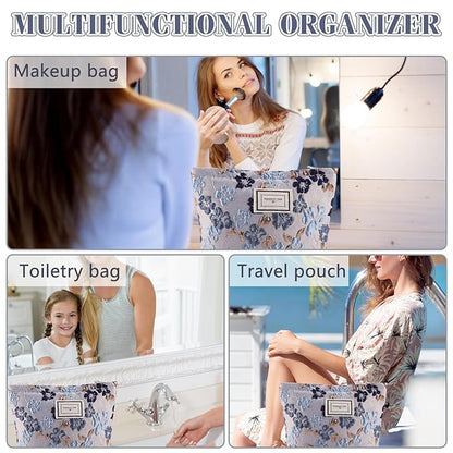 ZLFSRQ Flower Makeup Bag Travel Cute Floral Cosmetic Bags for Women Large Toiletry Pouch Zipper Cosmetic Pouch for Purse Aesthetic Gray Blue Embossed Makeup Organizer Bag Portable Toiletry Bags