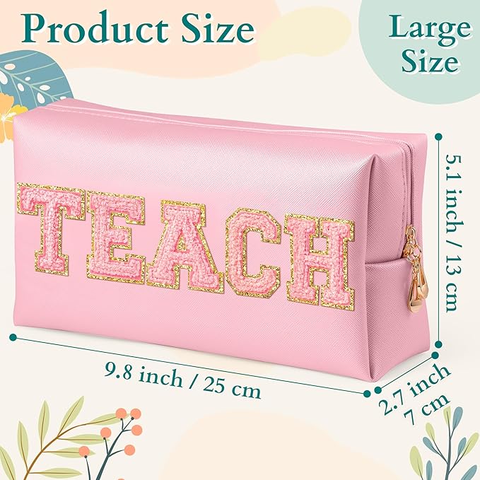 CY2SIDE TEACH Letter Makeup Bag - Pink TEACH Chenille Letter Patch Cosmetic Bag Pink PU Leather Patch Travel Pouch Waterproof Portable Zipper Travel Organizer for Teacher Appreciation Gifts Xams Gift