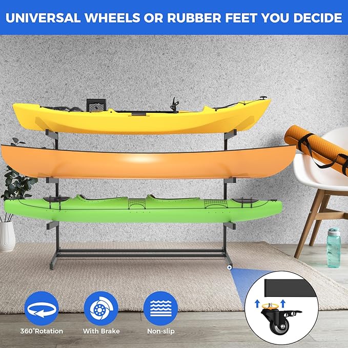 Kayak Storage Rack, Heavy Duty Adjustable Freestanding Kayak Stand with Wheels or Protection Pad for Kayaks, SUPs, Canoe and Paddleboard Kayak Rack for Indoor & Outdoor Use