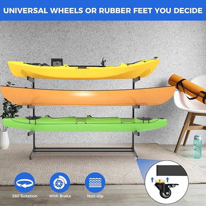Kayak Storage Rack, Heavy Duty Adjustable Freestanding Kayak Stand with Wheels or Protection Pad for Kayaks, SUPs, Canoe and Paddleboard Kayak Rack for Indoor & Outdoor Use