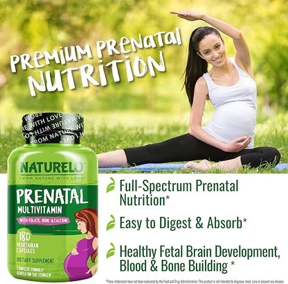 NATURELO Prenatal Multivitamin with Gentle Chelated Iron, Methyl Folate, Plant Calcium & Choline - Vegan, Vegetarian - Non-GMO - Gluten Free - 360 Capsules - 4 Month Supply