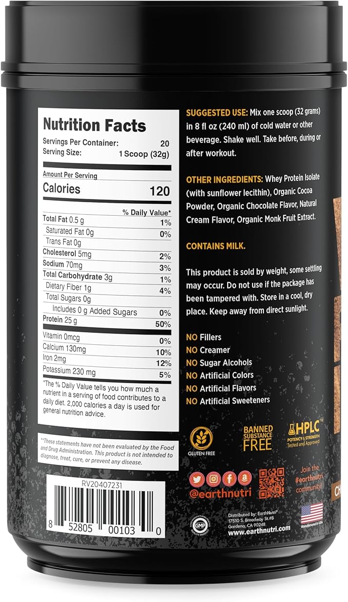 EarthNutri - Whey Isolate Protein Powder for Workout and Muscle Growth Support, 25g of Protein, Non-GMO and Gluten-Free Whey Protein Isolate Chocolate Flavor, 20 Servings