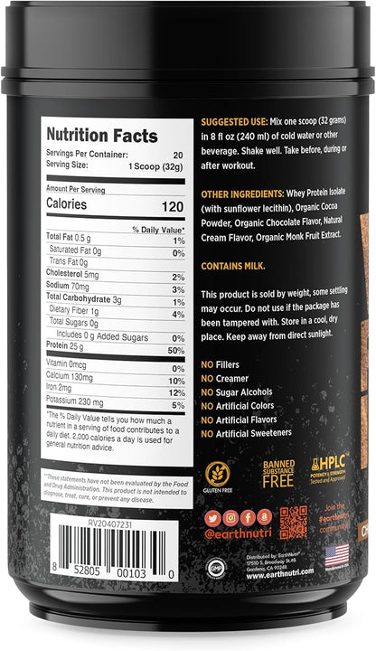 EarthNutri - Whey Isolate Protein Powder for Workout and Muscle Growth Support, 25g of Protein, Non-GMO and Gluten-Free Whey Protein Isolate Chocolate Flavor, 20 Servings