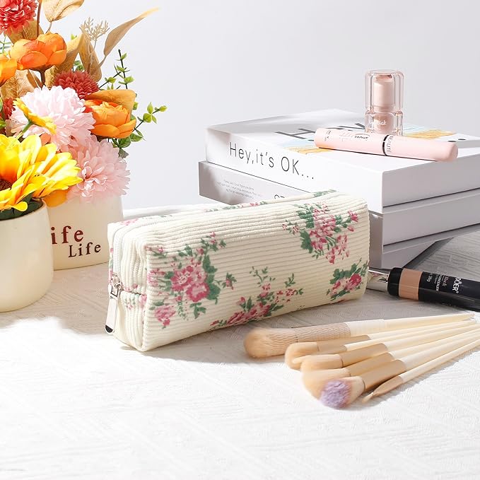 Cosmetic Bag for Women Corduroy Makeup Bag Travel Make Up Organizer Tool Pouch Small Bag for Purse, Zipper Portable Storage Pouch Toiletry Bag for Women (Pink flowers)