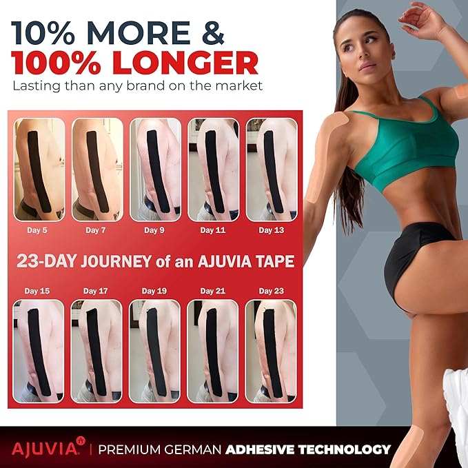 AJUVIA Synthetic Kinesiology Tape, 2 Uncut Rolls, 10% Bonus Pack, Lasts up to 14 Days, Hypoallergenic and Waterproof K Tape for Muscle Pain Relief and Joint Support