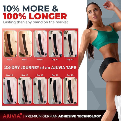 AJUVIA Synthetic Kinesiology Tape, 2 Uncut Rolls, 10% Bonus Pack, Lasts up to 14 Days, Hypoallergenic and Waterproof K Tape for Muscle Pain Relief and Joint Support
