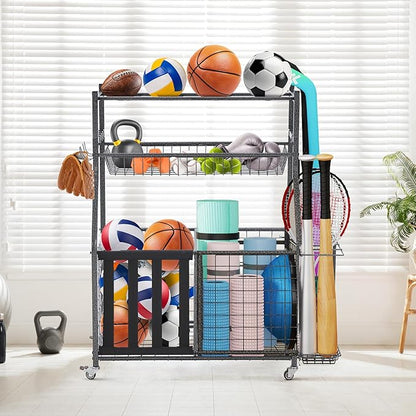 HOMREST Sports Equipment Storage, Ball Storage, Ball Holder, Garage Sports Organizer with Basket and Hooks, Rolling Sports Ball Storage with Wheels for Toy Sports Gear Storage, Black