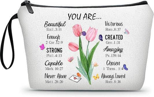 Cosmetic Bags for Women,Christian Gifts for Women,Period Bags for Teen Girls for School,You Are Beautiful Victorios Enough Strong Amazing Makeup Bag,Christian Faith Gifts