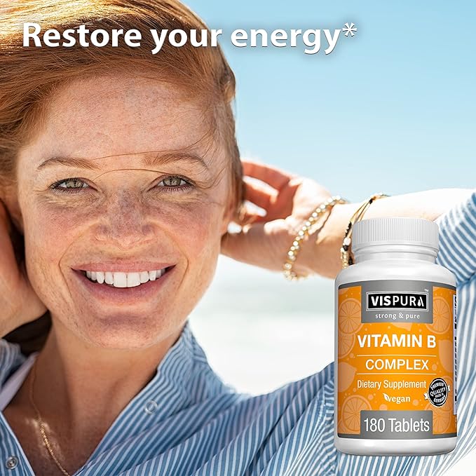 Vitamin B-Complex, 180 Vegan Tablets, All B Vitamins Including B12, B1, B2, B3, B5, B6, B7, B9, Folic Acid, for Stress, Energy and Healthy Immune System*, Natural Supplement Without Additives