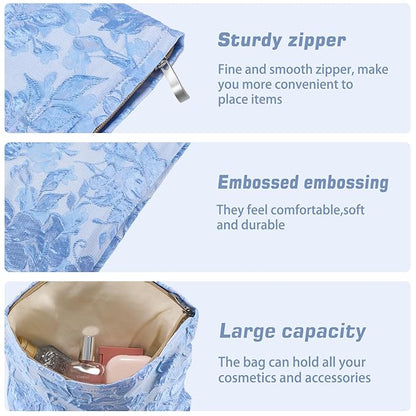 ZLFSRQ Flower Makeup Bag Travel Cute Floral Cosmetic Bags for Women Large Toiletry Pouch Zipper Cosmetic Pouch for Purse Aesthetic Embossed Blue Makeup Organizer Bag Portable Toiletry Bags