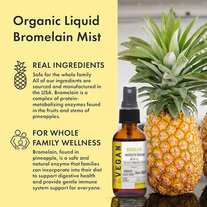Organic Raw Bromelain Mist-Liquid Pineapple Extract - Enhanced Potency 500mg, for Kids & Adults - for Digestive Health, Inflammatory Response, and Healing - Non-GMO - 60ml 120 Day Supply
