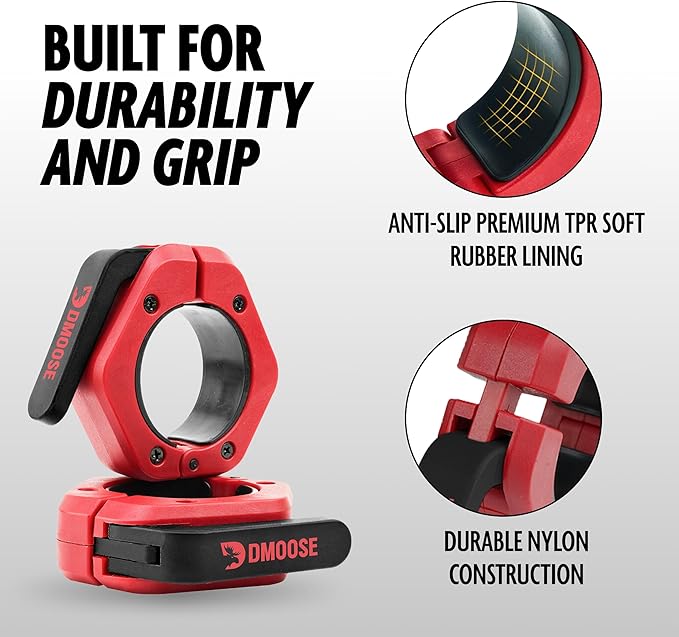 DMoose Fitness Barbell Clips 2" (Pair) - Quick Release Olympic Barbell Clamps & Collars with Anti Slip TPR Lining for Secure Weightlifting & Powerlifting - Weight Clips for Bars at Home or Gym