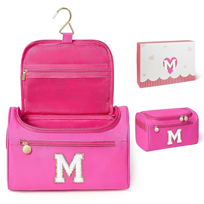 COSHAYSOO Hanging Toiletry Skin Care Bag Travel Size Spa Sleepover Party Supplies Gifts for Teen Girls Cheerleader Cheer Dance Recital Summer Camp Weekend Overnight Essentials Pink Initial Letter M