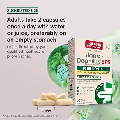 Jarrow Formulas Jarro-Dophilus EPS Probiotics 10 Billion CFU for Intestinal Tract Support, Probiotic Supplement for Gut Health for Women and Men, 60 Veggie Capsules, Up to a 30 Day Supply