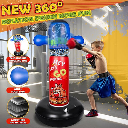 Punching Bag for Kids, Hyperzoo 360°Rotating Inflatable Kids Heavy Punching Bags, Freestanding Heavy Boxing Bag Toy Christmas Birthday Gift for Boys Girls 3-12 Karate, Taekwondo