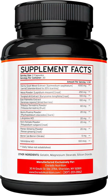 Horny Goat Weed For Men and Women - [20% Icariins Max Strength] - Stamina, Endurance, Circulation, Joint & Back Support - Maca Root, Ginseng, Yohimbine, Tribulus, L-Arginine - USA Made - 60 Count